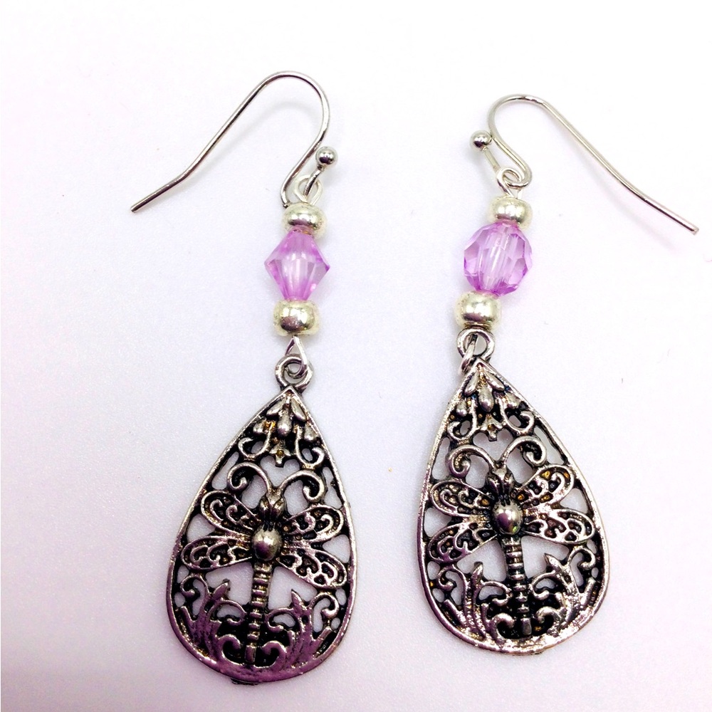 Silver Tone Dragon Fly Earrings.